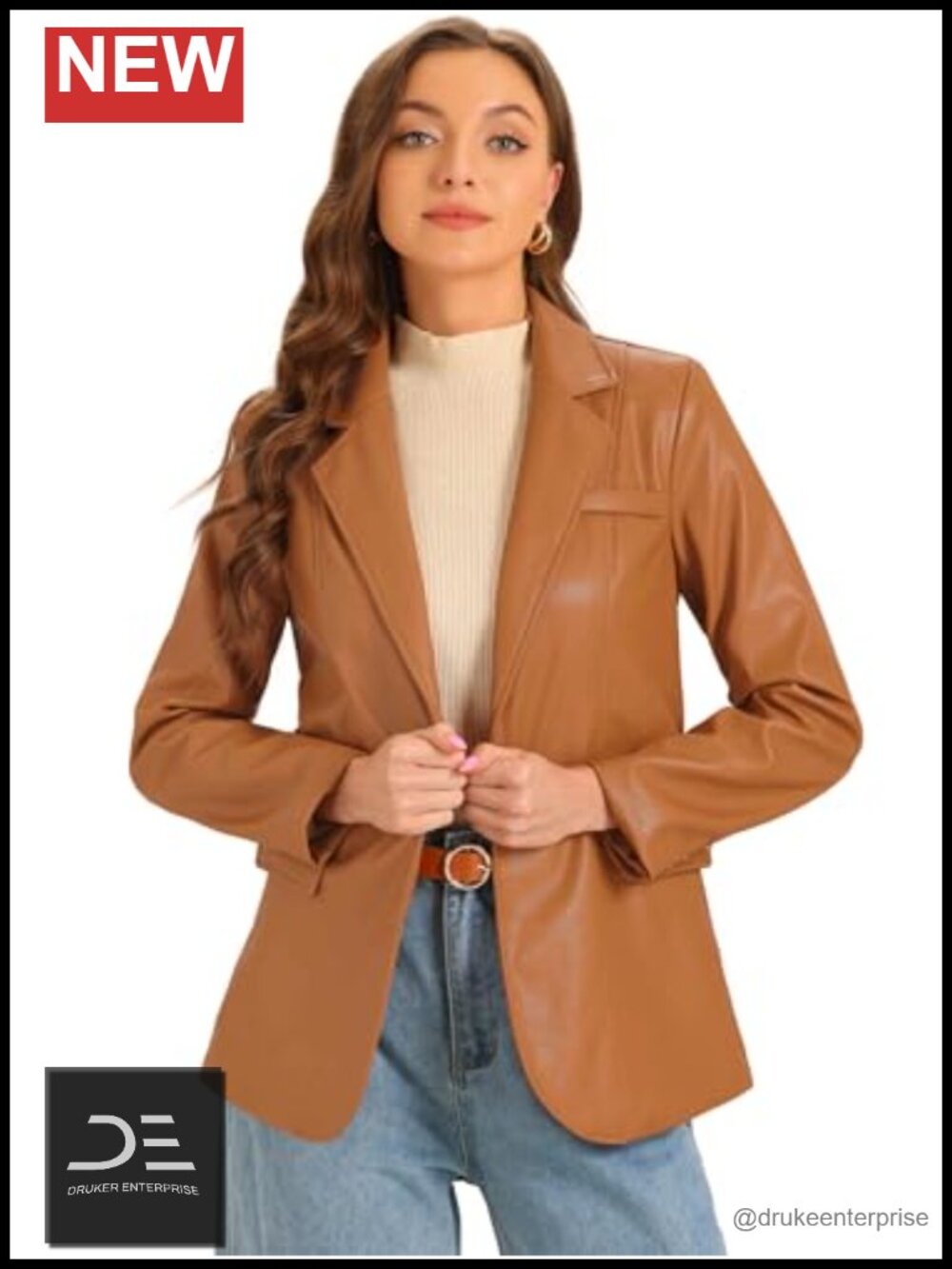 Women's Oversized Faux PU Leather Notch Lapel Blazer Jacket